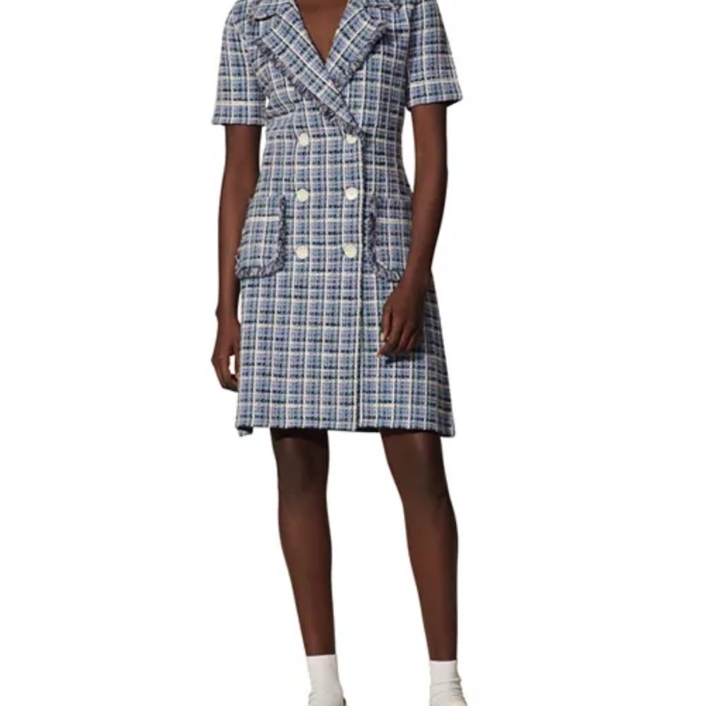 Plaid Blue Double-Breasted Women's Dress